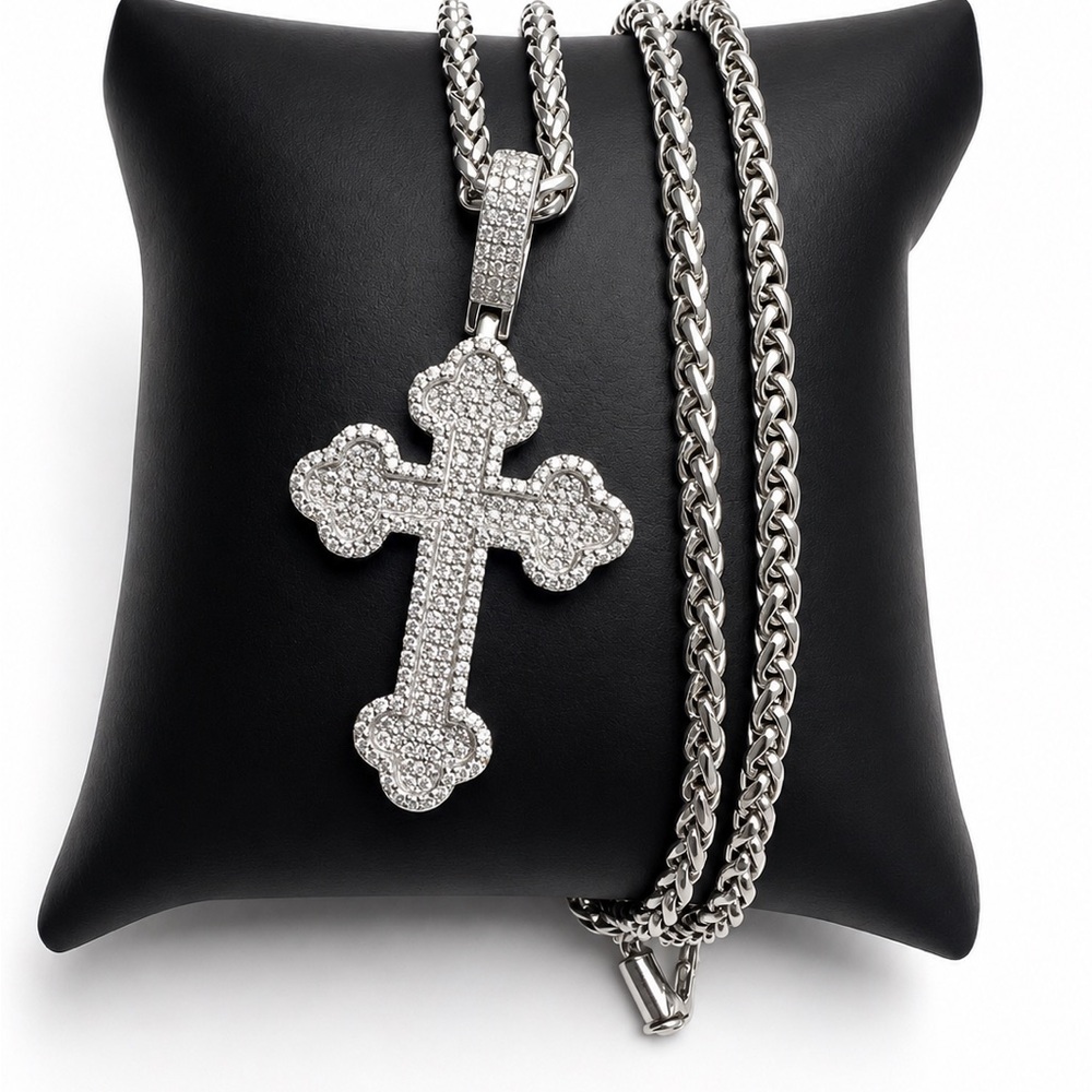 925 Sterling Silver 2.20CT MOISSANITE Cross Men’s Necklace Size 22”